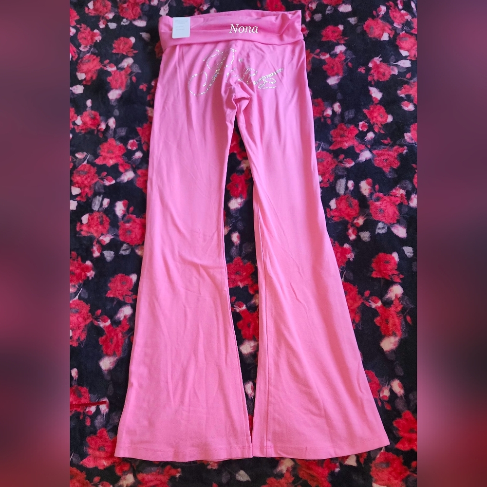 VS PINK Carmine Rose Bling Foldover Flare Leggings Size Large NWT - Picture 5 of 10